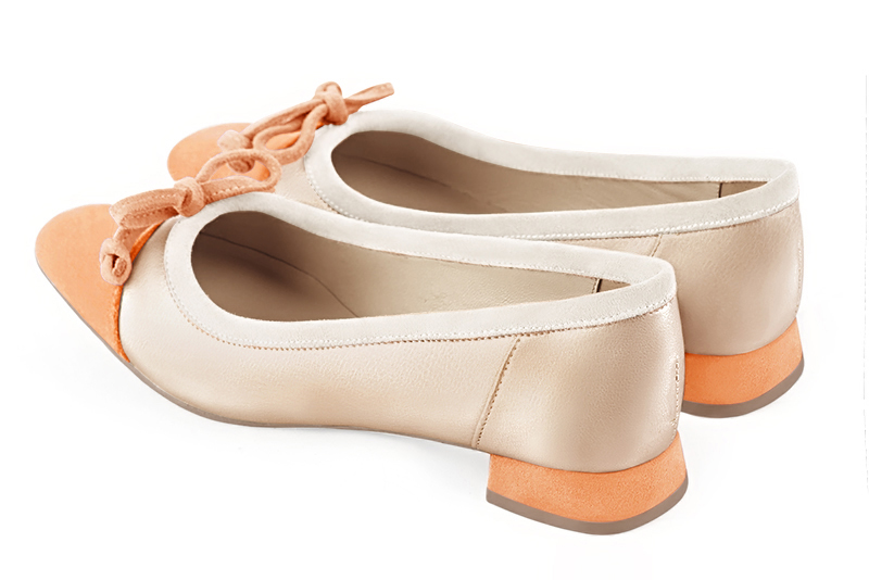 Marigold orange, gold and off white women's ballet pumps, with low heels. Square toe. Flat flare heels. Rear view - Florence KOOIJMAN